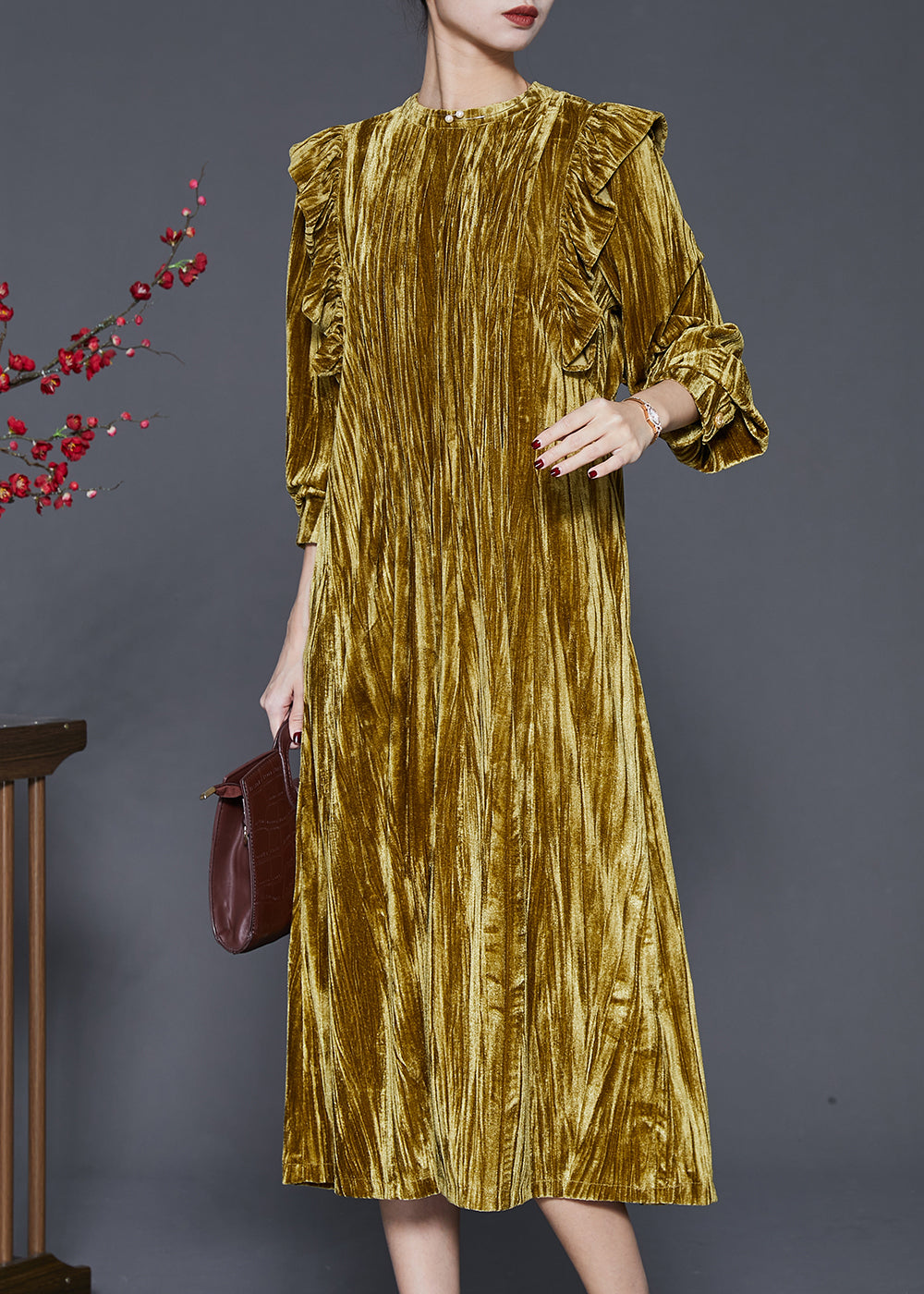 Green Ruffled Wrinkled Silk Velvet Holiday Dress Spring