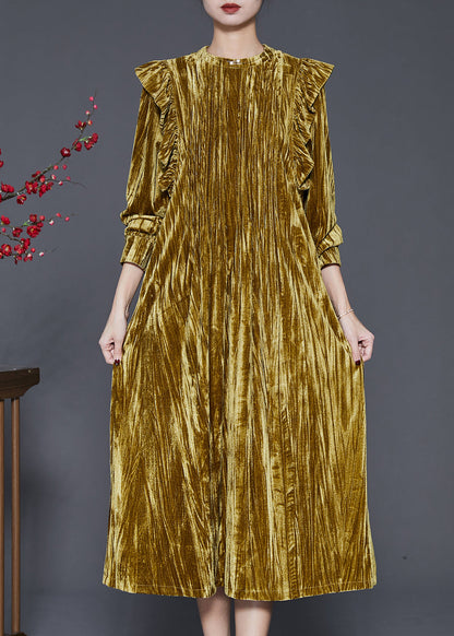 Green Ruffled Wrinkled Silk Velvet Holiday Dress Spring