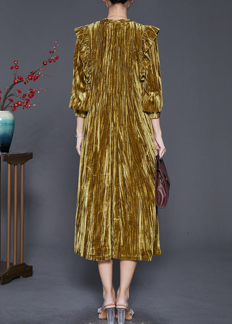 Green Ruffled Wrinkled Silk Velvet Holiday Dress Spring