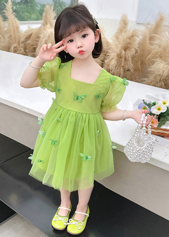 Green Square Collar Patchwork Tulle Long Dresses Short Sleeve