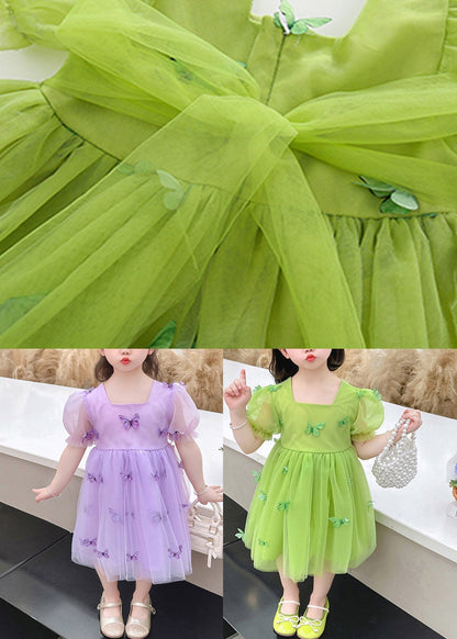 Green Square Collar Patchwork Tulle Long Dresses Short Sleeve