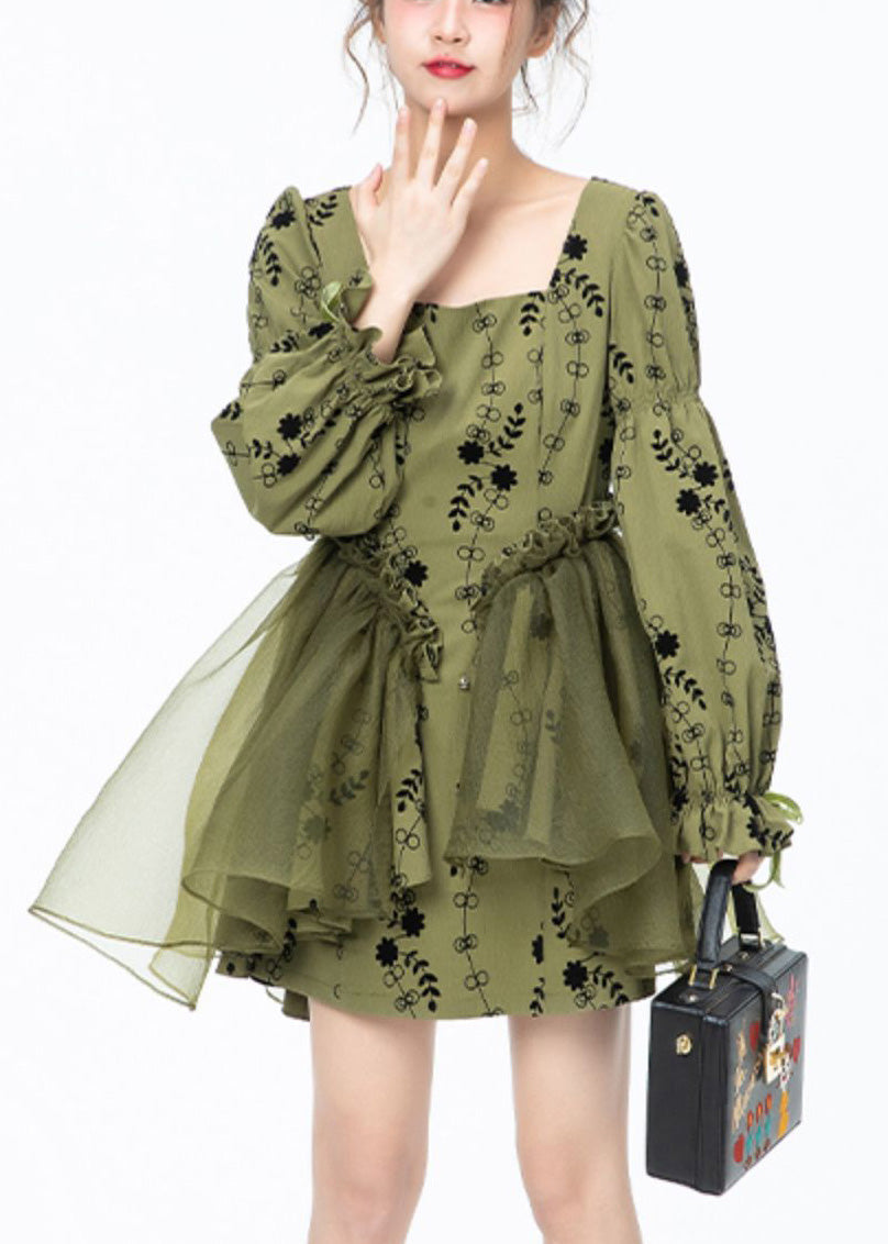 Green Square Collar Print Tulle Patchwork Mid Dresses Long Sleeve
