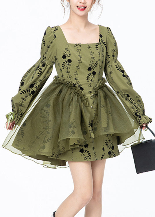 Green Square Collar Print Tulle Patchwork Mid Dresses Long Sleeve