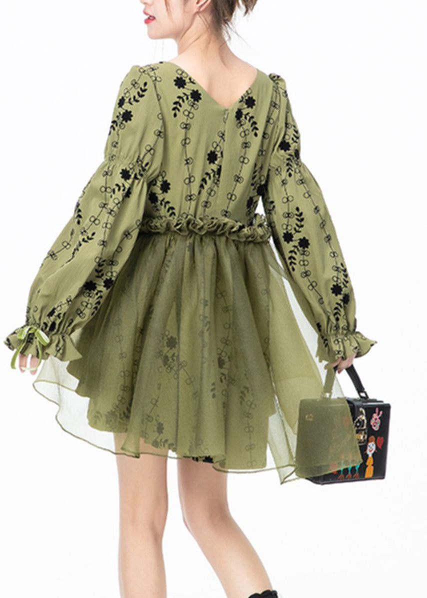 Green Square Collar Print Tulle Patchwork Mid Dresses Long Sleeve