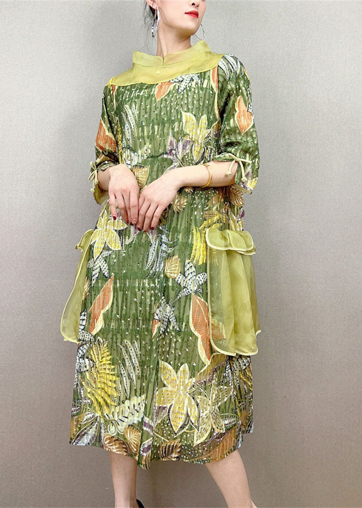 Green Stand Collar Embroideried Patchwork Tulle Dress Summer