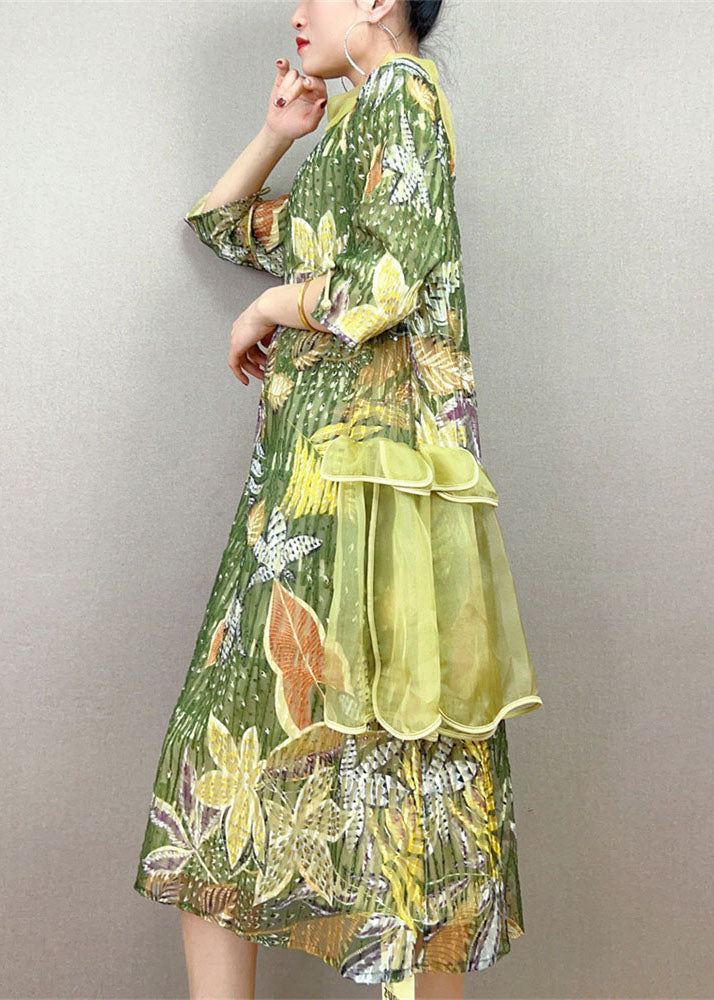 Green Stand Collar Embroideried Patchwork Tulle Dress Summer