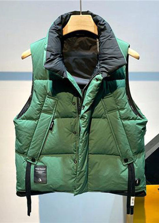 Green Stand Collar Zip Up Pockets Fine Cotton Filled Vest Winter