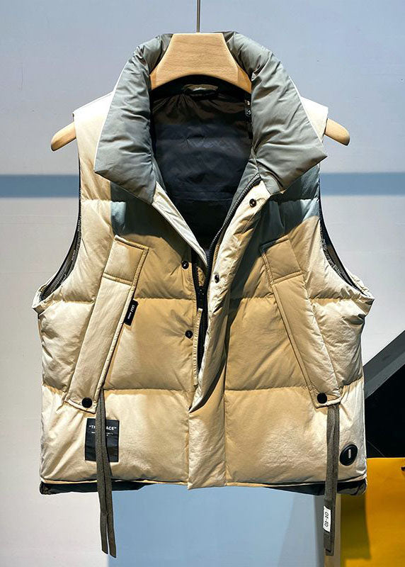 Green Stand Collar Zip Up Pockets Fine Cotton Filled Vest Winter