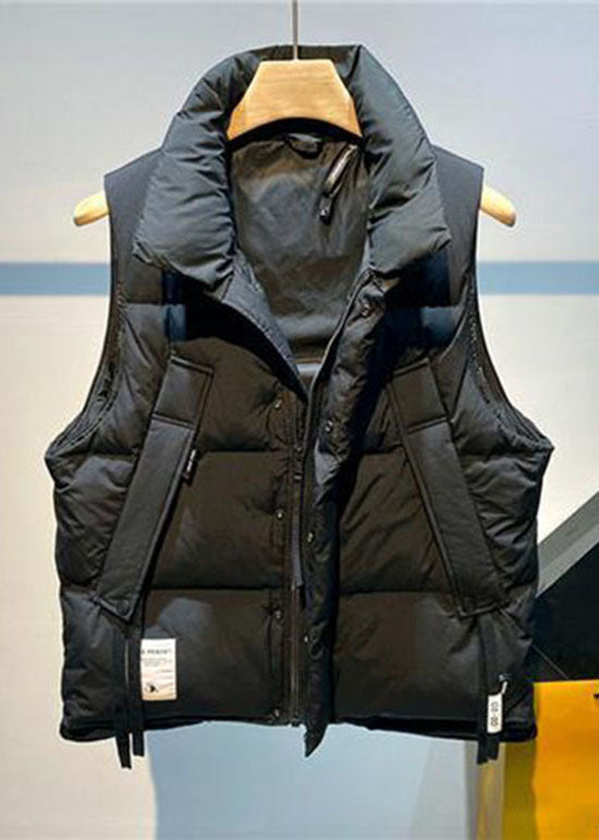 Green Stand Collar Zip Up Pockets Fine Cotton Filled Vest Winter