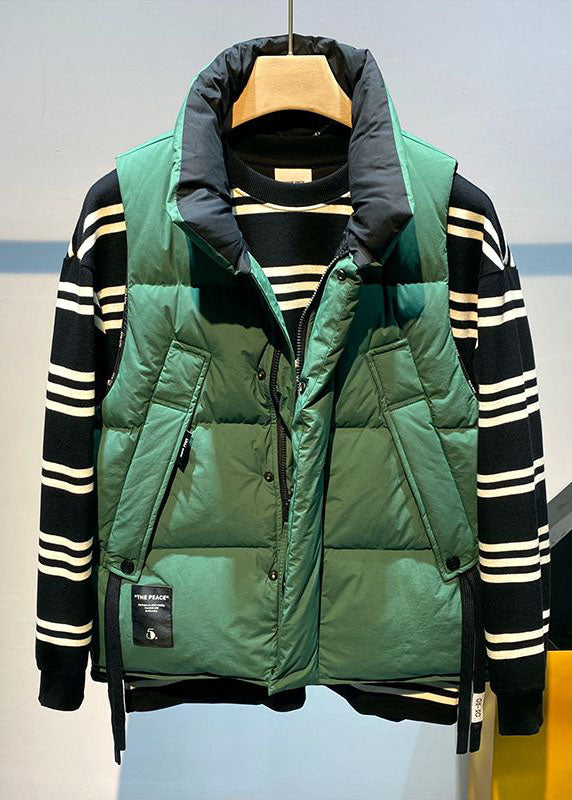 Green Stand Collar Zip Up Pockets Fine Cotton Filled Vest Winter