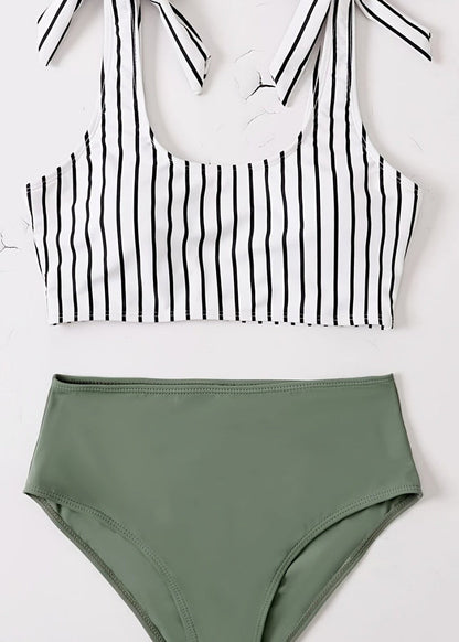 Green Striped High Waist Beach Swimwear Set
