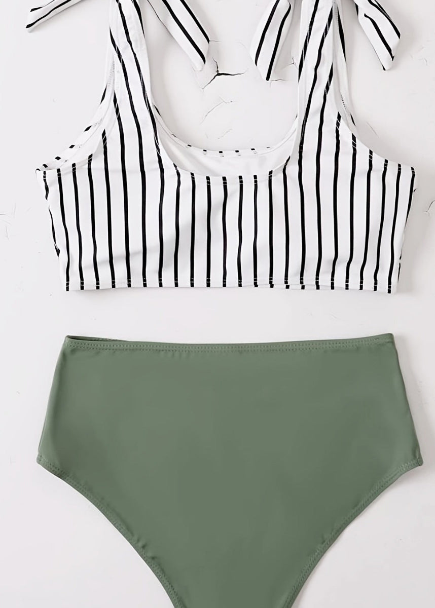 Green Striped High Waist Beach Swimwear Set