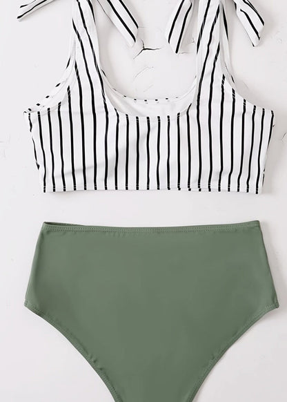 Green Striped High Waist Beach Swimwear Set