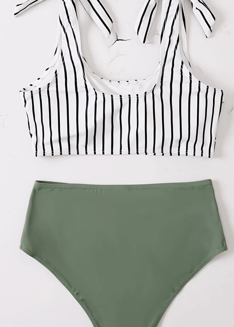 Green Striped High Waist Beach Swimwear Set