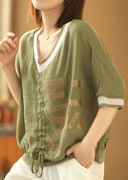 Green V Neck Drawstring Patchwork Shirt Short Sleeve