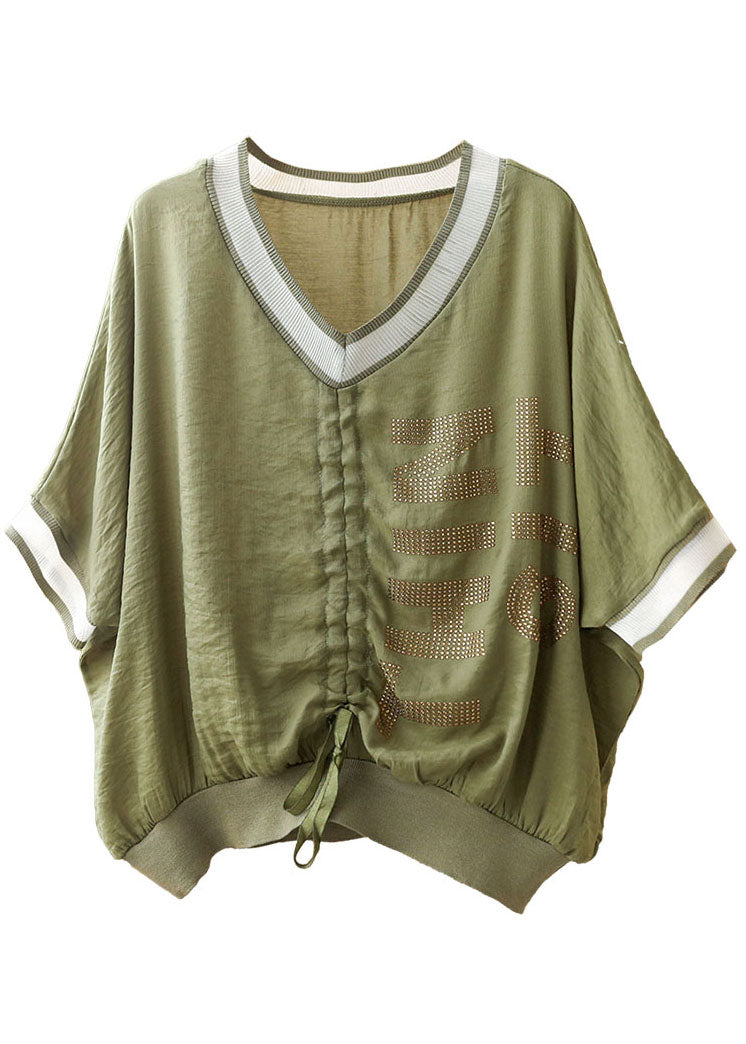 Green V Neck Drawstring Patchwork Shirt Short Sleeve