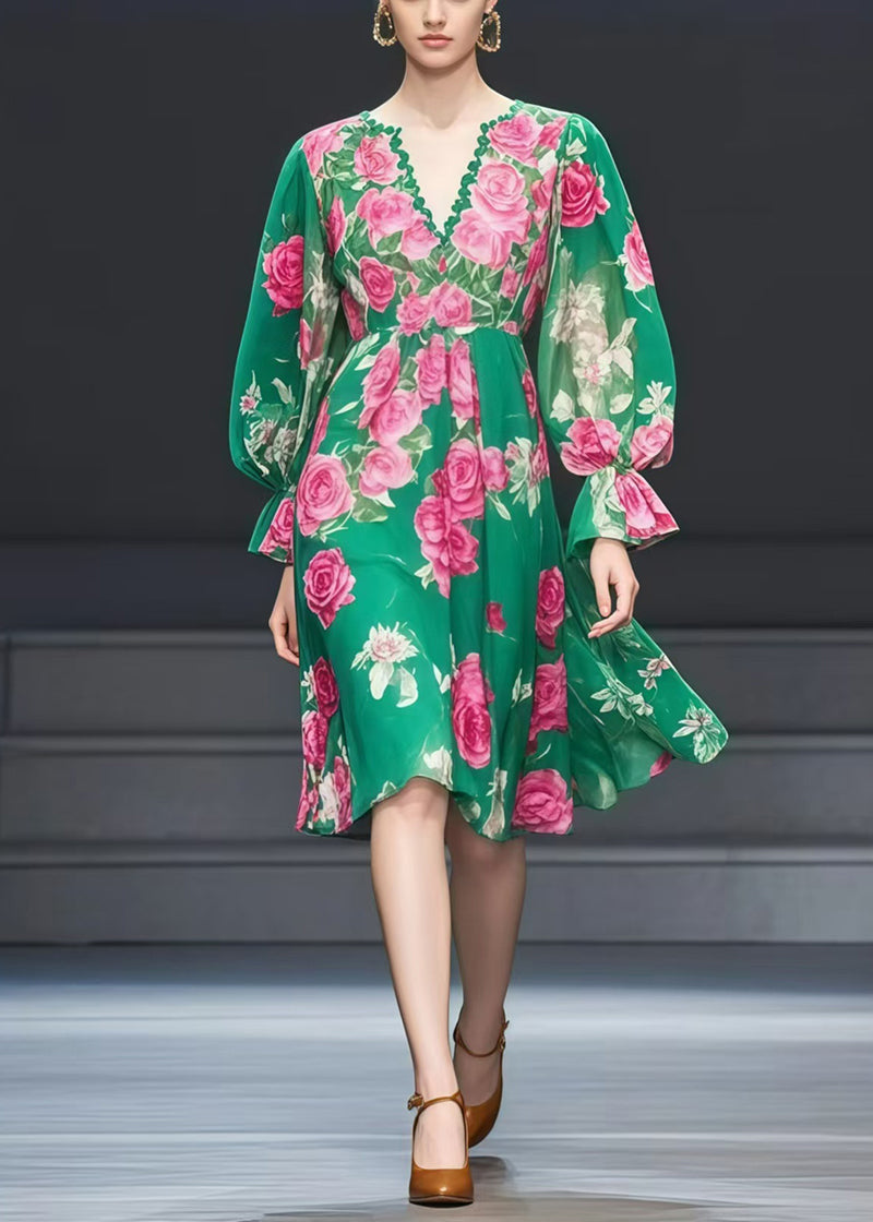 Green V Neck Print Chiffon Tea Dress Fall