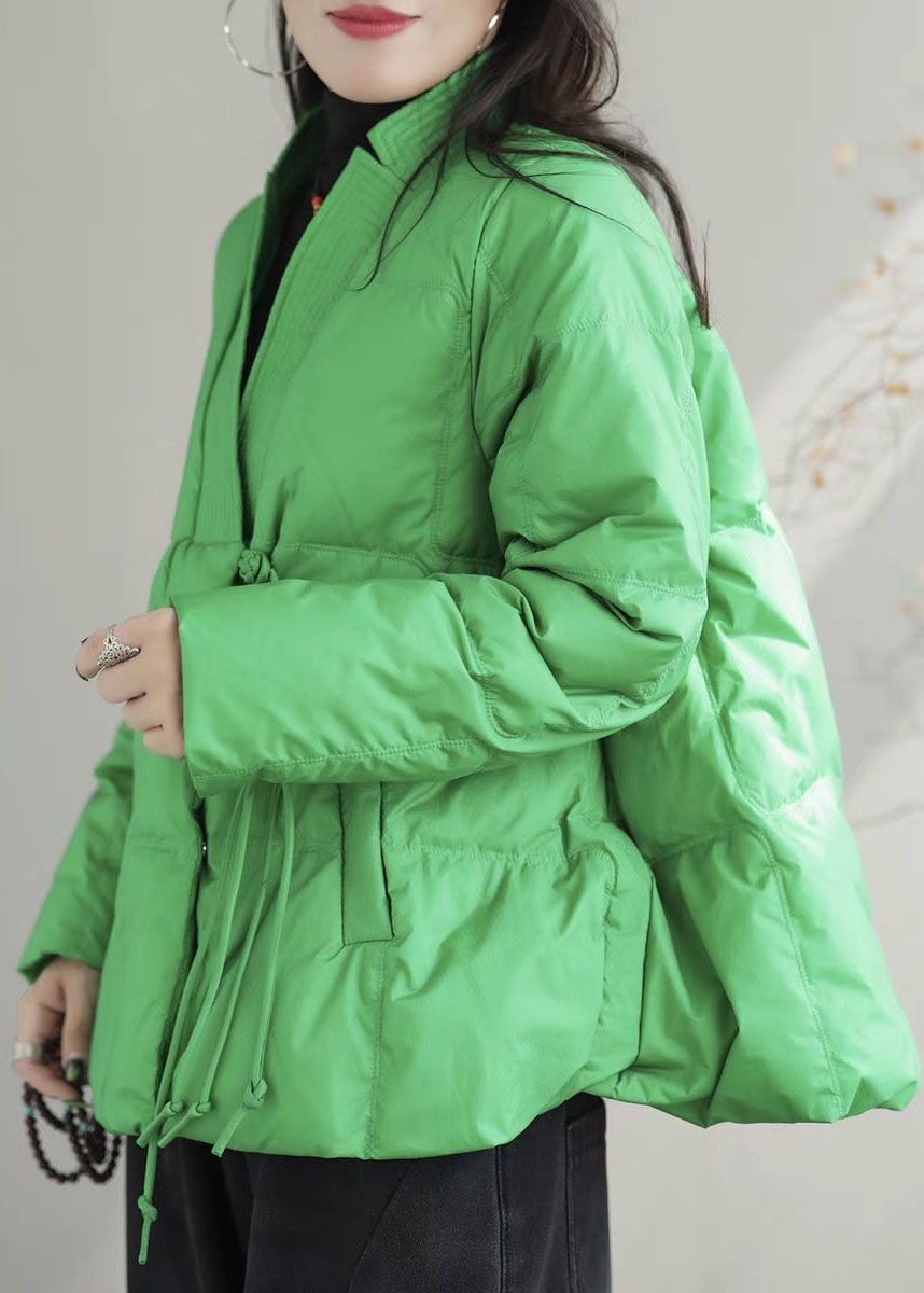 Green V Neck Pockets Duck Down Jackets Winter