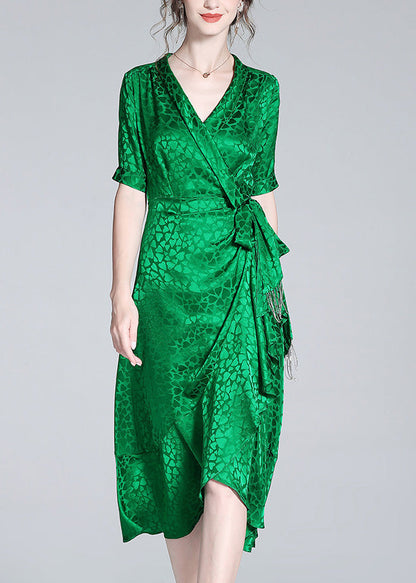 Green V Neck Print Bow Tunic Maxi Dress Short Sleeve