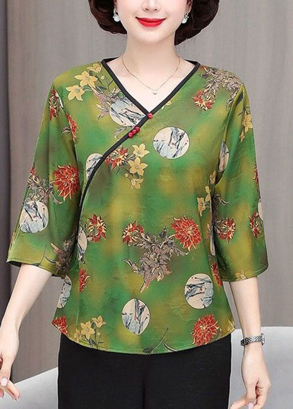 Green V Neck Print Button Silk Tops Summer