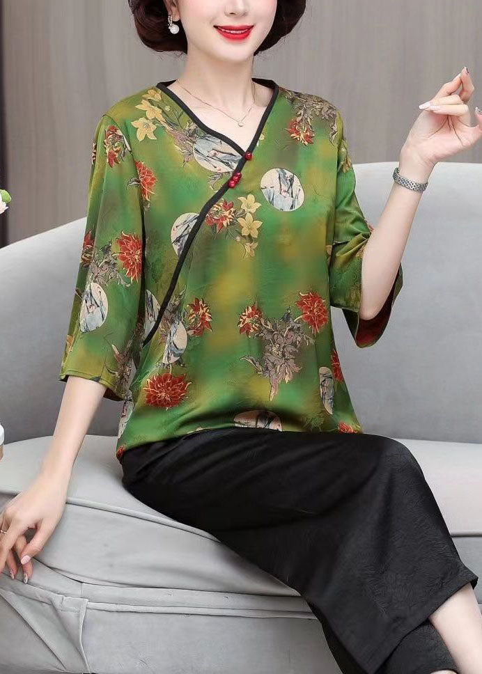 Green V Neck Print Button Silk Tops Summer