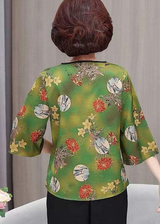 Green V Neck Print Button Silk Tops Summer