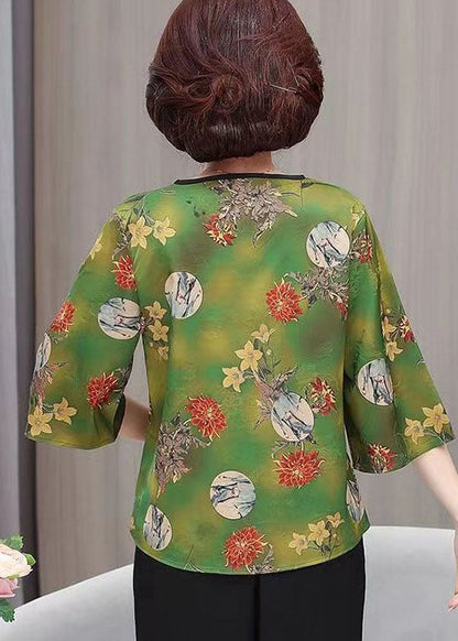 Green V Neck Print Button Silk Tops Summer