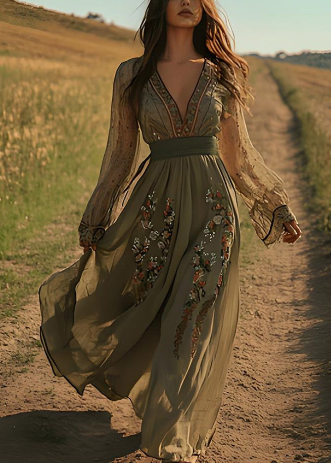 Green V Neck Print Cotton Maxi Dresses Spring