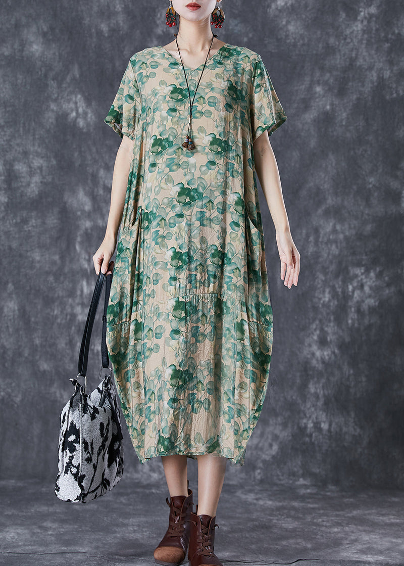 Green V Neck Print Linen Robe Dresses Summer