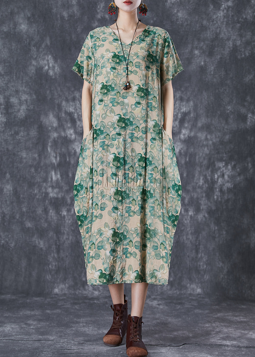 Green V Neck Print Linen Robe Dresses Summer