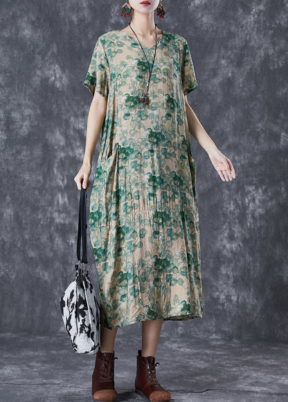 Green V Neck Print Linen Robe Dresses Summer