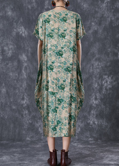 Green V Neck Print Linen Robe Dresses Summer