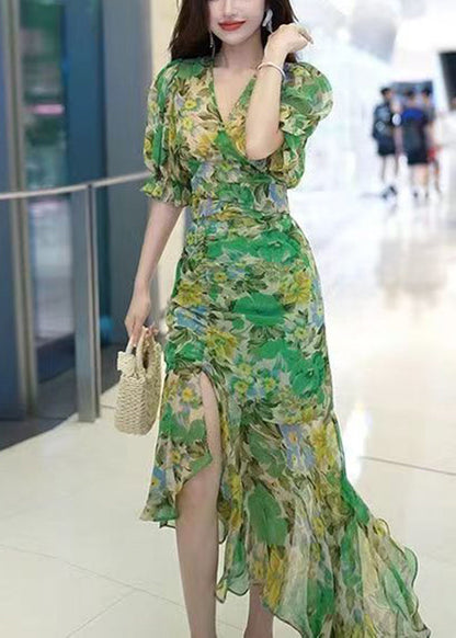 Green V Neck Print Patchwork Chiffon Long Dress Summer