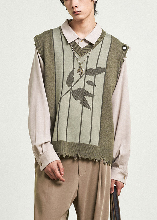 Green V Neck Print Thick Knit Waistcoat Fall