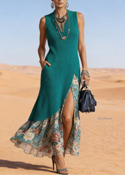 Green V Neck Side Open Patchwork Knit Sweater Dress Sleeveless
