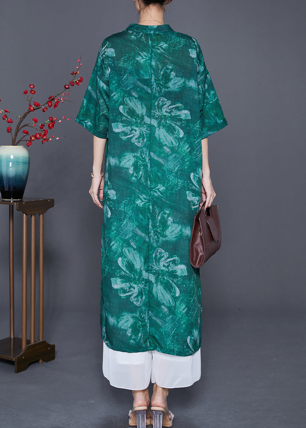 Green V Neck Tie Dye Linen Long Dress Summer