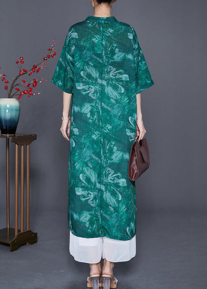 Green V Neck Tie Dye Linen Long Dress Summer