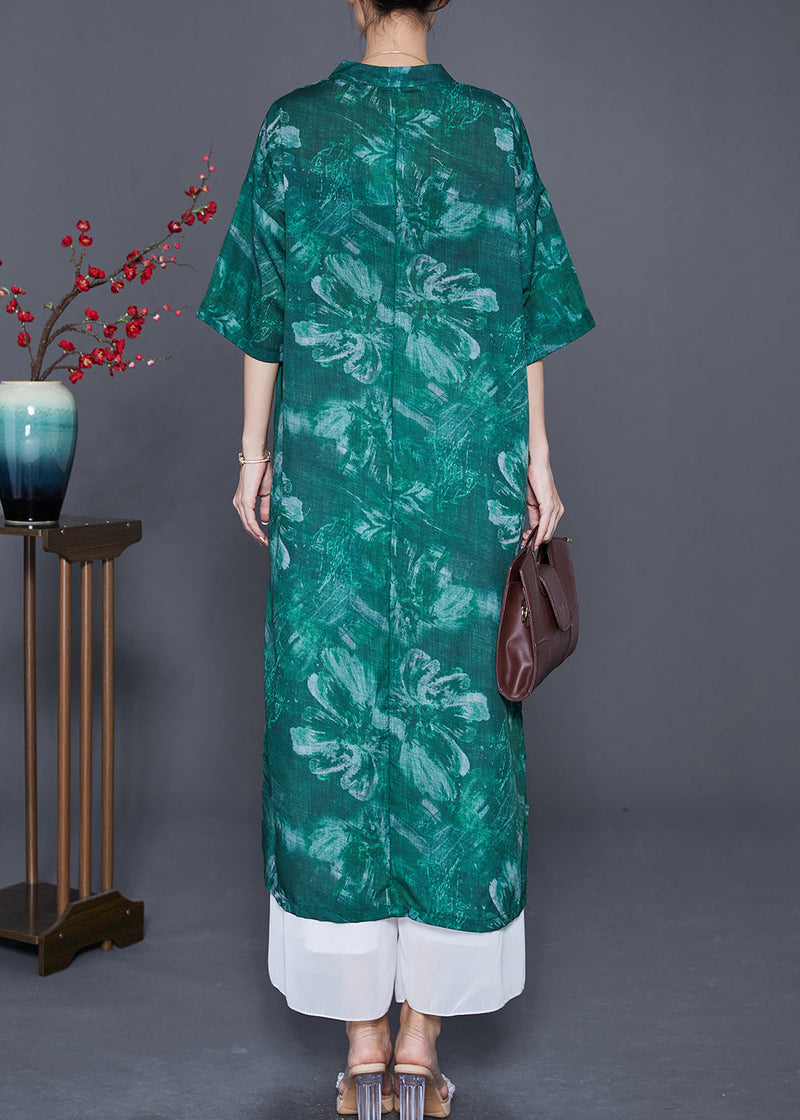 Green V Neck Tie Dye Linen Long Dress Summer