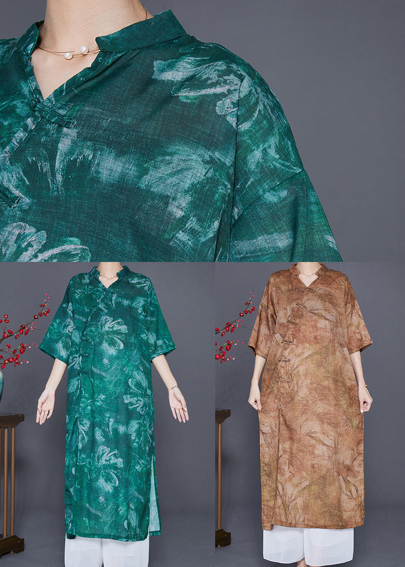Green V Neck Tie Dye Linen Long Dress Summer