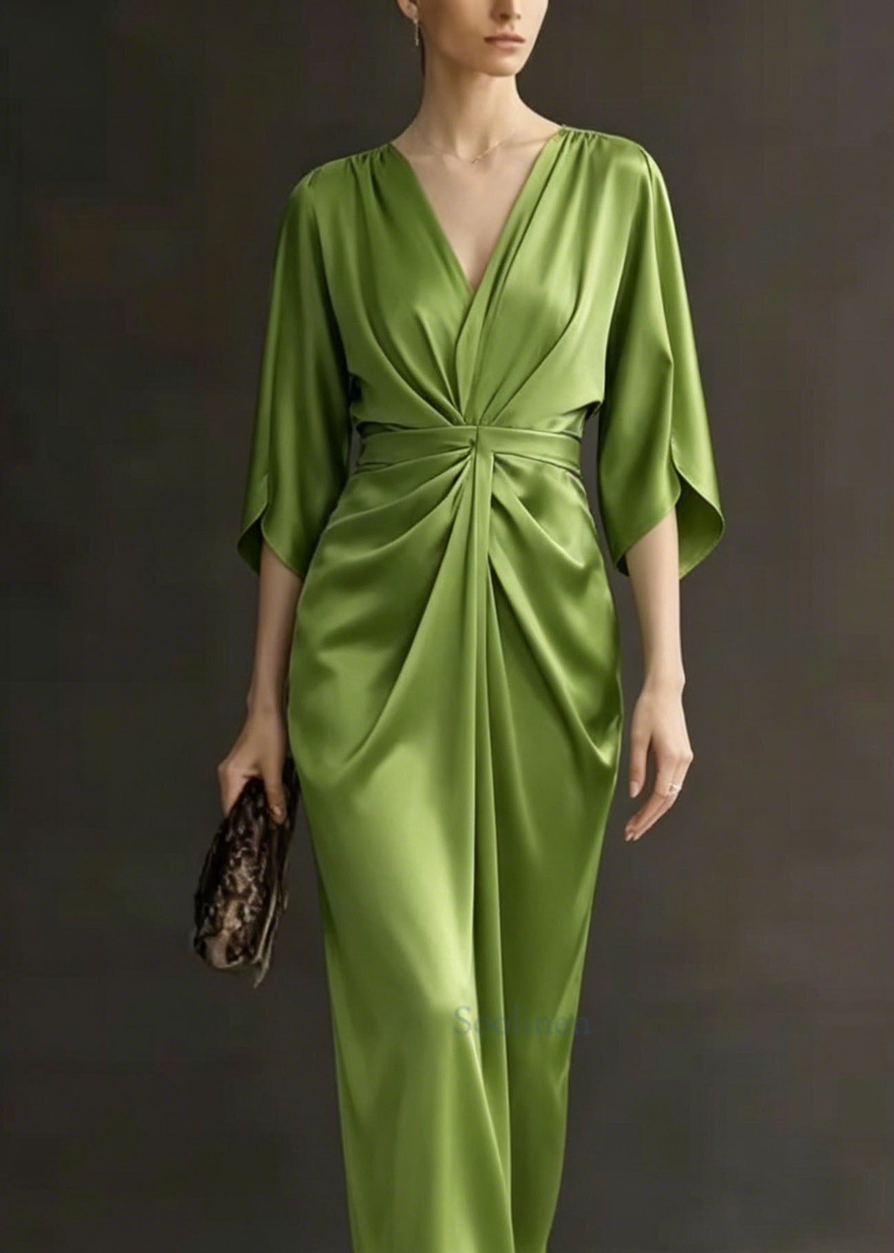 Green V Neck Wrinkled Silk Dress Batwing Sleeve