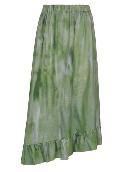 Green Wrinkled Patchwork Print Cotton Skirt Spring
