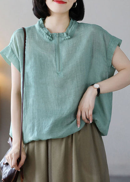 Green Zip Up Drawstring Cotton Sweatshirts Top Short Sleeve