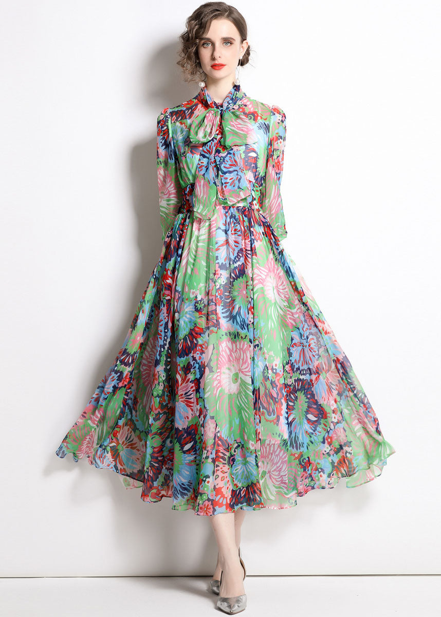 Green Zip Up Print Chiffon Cinch Dress Half Sleeve