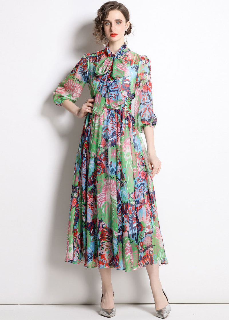Green Zip Up Print Chiffon Cinch Dress Half Sleeve