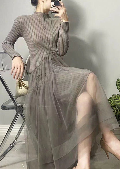 Grey Asymmetrical Tulle Patchwork Long Dresses Fall