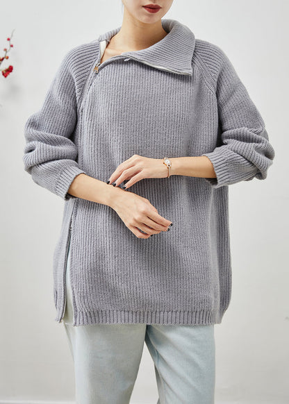 Grey Asymmetrical Zip Up Thick Knit Sweater Tops Winter