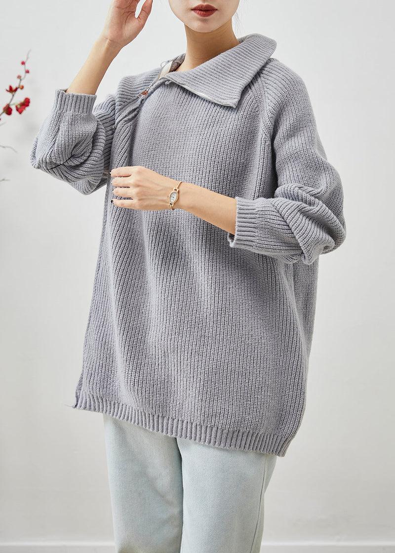 Grey Asymmetrical Zip Up Thick Knit Sweater Tops Winter
