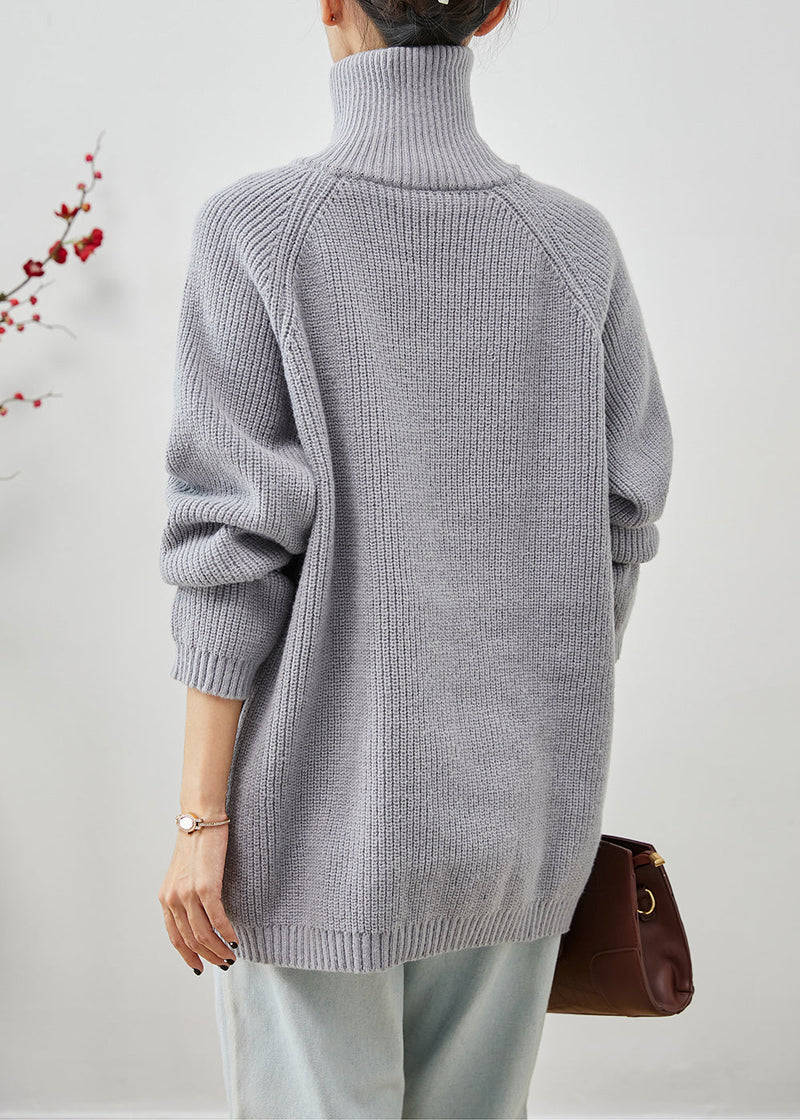 Grey Asymmetrical Zip Up Thick Knit Sweater Tops Winter
