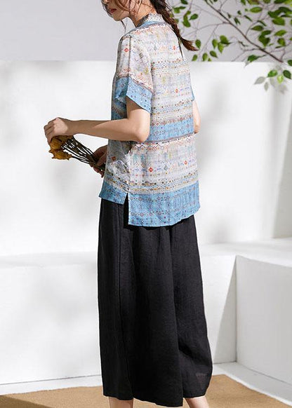 Grey Blue Print Chinese Style Summer Ramie Short Sleeve Shirts