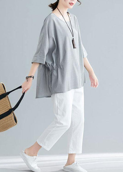 Grey Cinched Cotton Blouse Tops Summer